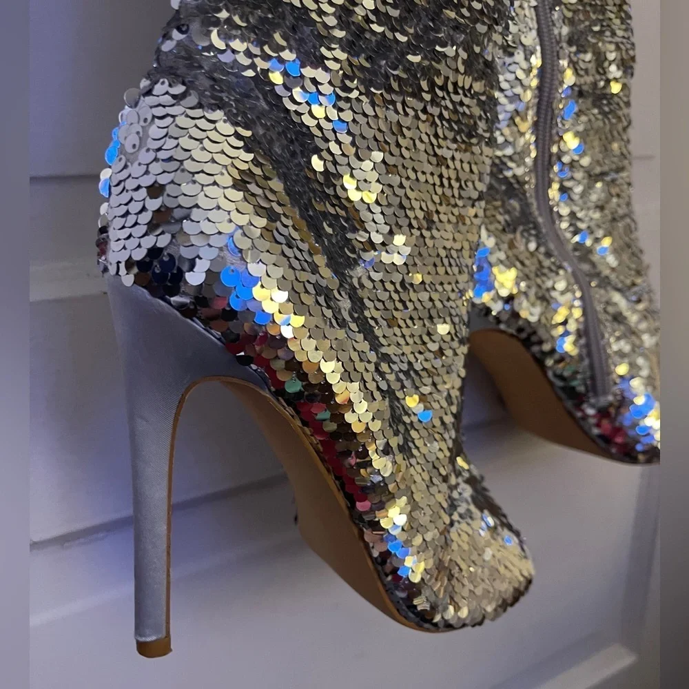 Silver Sequin Thigh High Stiletto Boots | Open Toe Glam Party Heels Sz 7